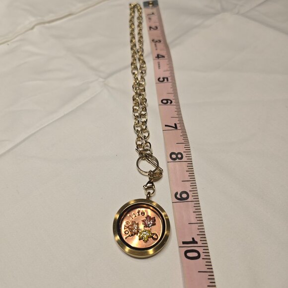 Origami Owl Gold Locket chain necklace with three Maple Leaf floating charms - Picture 5 of 5